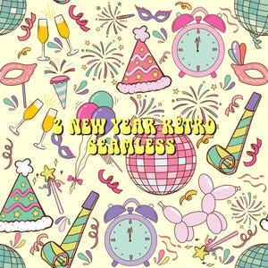 May include: A seamless pattern with a retro New Year's theme. The pattern features a variety of festive elements, including party hats, confetti, champagne glasses, fireworks, and a disco ball. The background is a light yellow color.