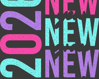 Peut inclure: Conception graphique avec le mot « NEW » répété trois fois et les chiffres « 2026 » disposés verticalement. Le texte est dans un style texturé et vieilli, avec des couleurs rose, turquoise et violet sur un fond gris foncé.