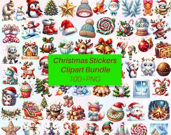 Paquete de 100 pegatinas navideñas / Lindo paquete PNG navideño / Pegatinas navideñas PNG / Diseños de pegatinas navideñas / Descarga digital