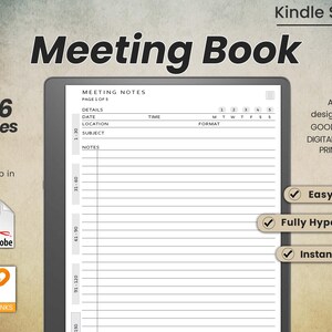 May include: A black and white digital planner for meetings, with the text "Meeting Book" in large bold letters at the top. The planner has 756 pages and is 10.5 MB in size. It is compatible with Kindle Scribe, Good Notes, and other digital note-taking apps. The planner is fully hyperlinked and includes a calendar, notes section, and other features.