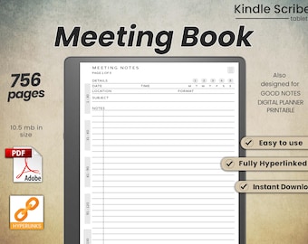 Notas de reuniones de Kindle Scribe, planificador de Kindle Scribe, plantillas de Kindle Scribe, libro de reuniones, notas de reuniones, PDF con hipervínculos, planificador de reuniones