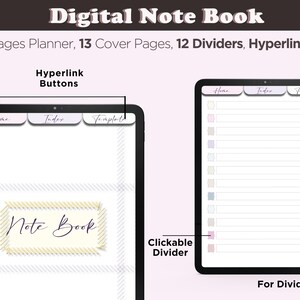 Peut inclure: Un carnet numérique avec 30 pages, 13 pages de couverture et 12 séparateurs. Le carnet possède des séparateurs cliquables avec des titres et des boutons hyperliés. Le carnet est conçu pour être utilisé sur une tablette ou un ordinateur.
