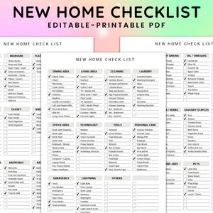 May include: A printable checklist for new homeowners. The checklist is divided into categories such as kitchen, bedroom, dining area, living area, cleaning, laundry, office area, technology, tools, personal care, and more. Each category has a list of items to check off.
