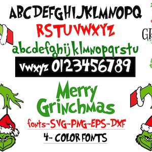 May include: Green and red Grinch-themed font alphabet with numbers. The text reads "Merry Grinchmas" and "fonts-SVG-PNG-EPS-DXF 4-COLOR FONTS".