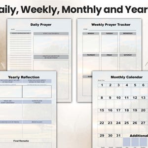 May include: A printable planner with sections for daily, weekly, monthly, and yearly reflection. The planner has a light blue and gray color scheme with a watercolor background.