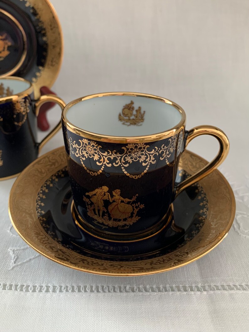 Vintage Imperial Limoges Demitasse Cup, Limoges Cobalt Blue 22K Gold Gilt the Proposal Espresso