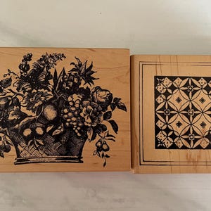 Vintage Rubber Stamp, MAGENTA Fruit Flowers Basket Rubber Stamp 09090 Q,Holly Berry House Stamp,Square Gift Box Pattern Stamp