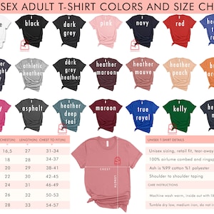 Puede incluir: Tabla de tallas para camiseta unisex para adultos con muestras de colores. La tabla muestra las tallas desde XS hasta 3XL con las medidas de pecho y longitud correspondientes en pulgadas. Las muestras de colores incluyen blanco, negro, gris oscuro, rosa, azul marino, rojo, verdadero real jaspeado, azul marino jaspeado medianoche, jaspeado atl&eacute;tico, jaspeado gris oscuro, jaspeado granate, jaspeado malva, jaspeado melocot&oacute;n, naranja quemado, baya, asfalto, jaspeado azul verdoso oscuro, granate, verdadero real, verde kelly y azul marino jaspeado.