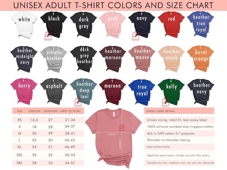 Puede incluir: Tabla de tallas para camiseta unisex para adultos con muestras de colores. La tabla muestra las tallas desde XS hasta 3XL con las medidas de pecho y longitud correspondientes en pulgadas. Las muestras de colores incluyen blanco, negro, gris oscuro, rosa, azul marino, rojo, verdadero real jaspeado, azul marino jaspeado medianoche, jaspeado atl&eacute;tico, jaspeado gris oscuro, jaspeado granate, jaspeado malva, jaspeado melocot&oacute;n, naranja quemado, baya, asfalto, jaspeado azul verdoso oscuro, granate, verdadero real, verde kelly y azul marino jaspeado.