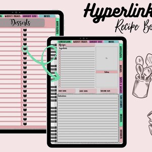 Puede incluir: Una plantilla de libro de recetas digital con un esquema de color rosa y gris. La plantilla incluye secciones para conversiones, comidas semanales, listas de la compra, notas, aperitivos, panes, sopas y ensaladas, guarniciones, platos principales y postres. La plantilla está diseñada para ser utilizada en una tableta u otro dispositivo digital.