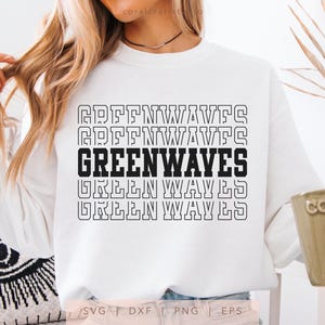 May include: White sweatshirt with black text that reads "GREENWAVES" in a retro style font. The text is repeated multiple times in a stacked pattern.