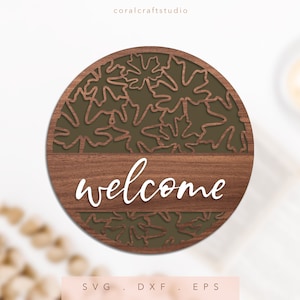 Door Hanger SVG, Front Door Sign Svg, Welcome Sign Svg, Leaves Print Pattern Sign Svg, Wooden Sign Svg, Round Door Hanger Svg, Door Sign Svg
