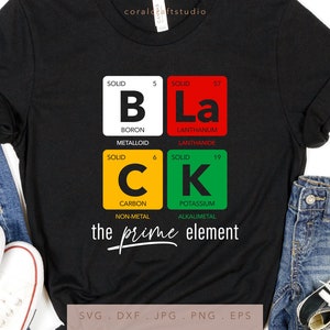 May include: Black t-shirt with a graphic design featuring the chemical elements Boron, Carbon, Lanthanum, and Potassium. The graphic is styled to look like a periodic table element box. The text "the prime element" is written below the graphic.