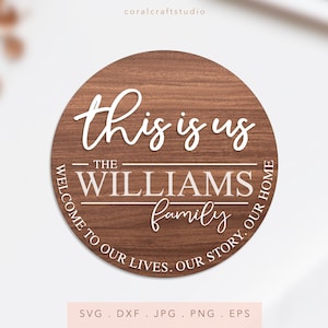 Dies ist uns SVG, Familie Nachname SVG, Familienschild Svg, Bauernhaus Schild Svg, Veranda Schild Svg, Willkommen Rundes Holzschild Schneidedatei Cricut Silhouette