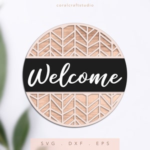 Door Hanger SVG, Front Door Sign Svg, Welcome Sign Svg, Herringbone Print Sign Svg, Wooden Sign Svg, Round Door Hanger Svg, Door Sign Svg