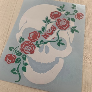 Skull With Flowers Vinyl Decal Laptop Tumbler Cup Bumper Sticker Skull With Red Roses Vinyl Decal Car Stickers Floral Skull Decal