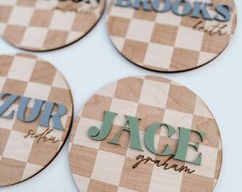 Round Baby Birth Announcement | Checkered Newborn Baby Name | Mordern Birth Announcement | Checkers