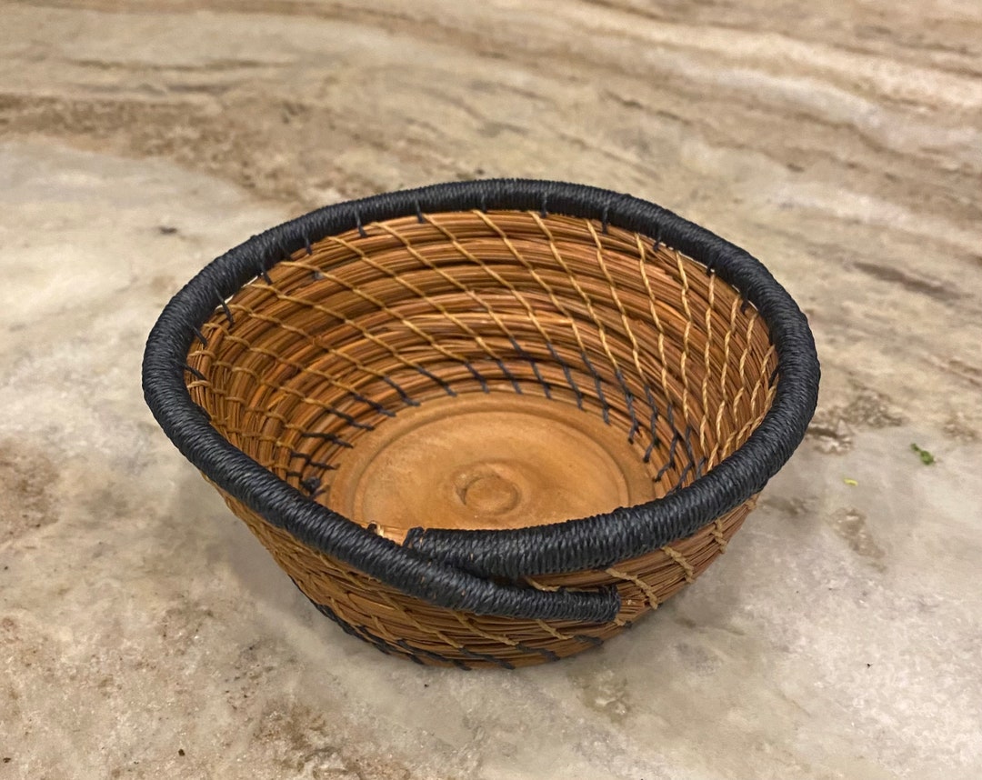 Small Pine Needle Basket With Decorative Carved Wooden Basket Etsy
