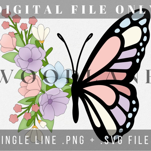 Elizabeth Template - Floral Butterfly Laser Cut File - Single Line Floral - Laser SVG - Scroll Saw Template PNG