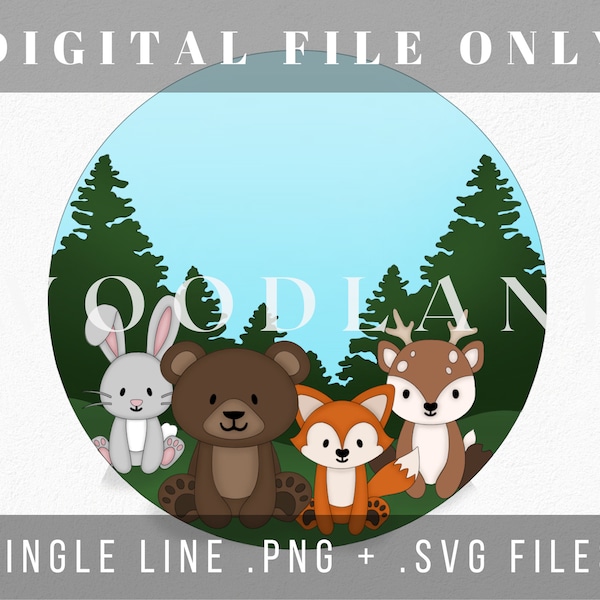 Woodland Round Template - Woodland Theme - Forest Animals - SVG - PNG - Scroll Saw Template - Single Line Laser File