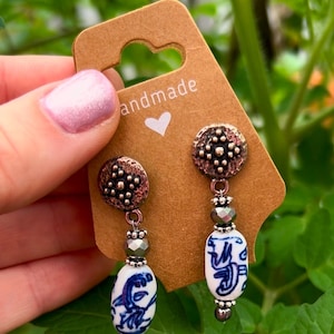 Hoop Earrings with Blue and White Porcelain Beads | Vintage China Earrings Delft Blue Handmade Earrings | Gift for her
