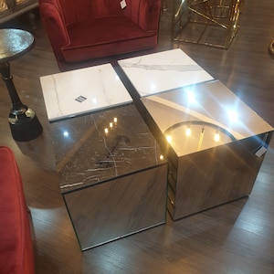 Cube Tische aus Spiegelglas & Marmorplatte
