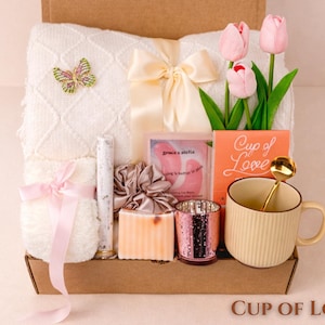 After Surgery gift box for women with cozy spa gifts, coffee mug, candle, handmade soap, fluffy socks, sweet treats and relaxing self care essentials in kraft gift box perfect hug in a box and thinking of you gift basket for her