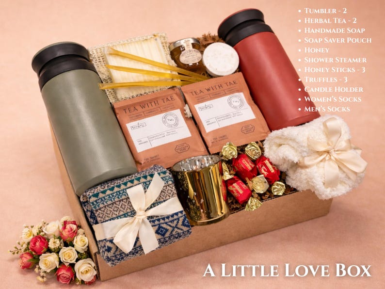 A Little Love Box gift box with soft pink tones, self care items, candle and sweet touches in a kraft box for a thoughtful gift