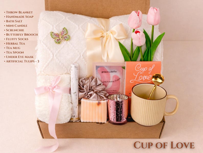 Luxury Mother's Day Gift Box "Cup of Love" featuring a ceramic mug, gourmet treats, and a personalized greeting card.