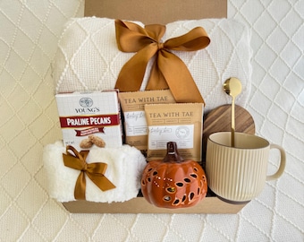 Fall Care Package Hygge Gift Box for Women with Blanket and Sock, Autumn Gifts
