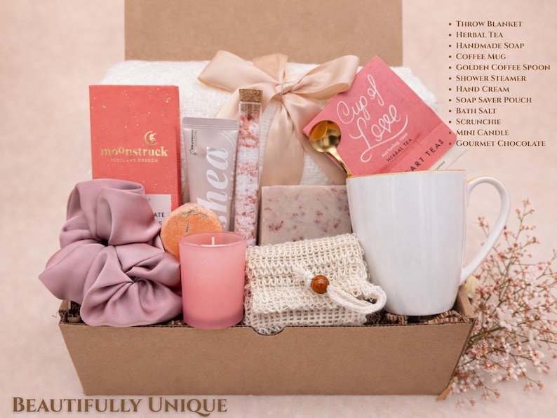 Personalized Gift Set "Beautifully Unique" with handcrafted skincare, a luxury candle, and custom gift packaging for women.