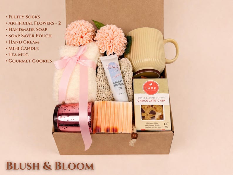 Aesthetic "Blush & Bloom" Pink Gift Basket for Her, including floral skincare, a pink ceramic mug, and silk accessories.