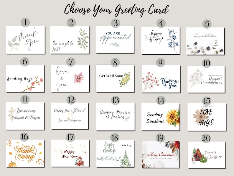 Puede incluir: Una colecci&oacute;n de 20 tarjetas de felicitaci&oacute;n con varios mensajes y dise&ntilde;os. Los mensajes incluyen "Gracias", "Feliz Cumplea&ntilde;os", "Que te mejores pronto" y saludos festivos. Cada tarjeta presenta ilustraciones florales o estacionales &uacute;nicas.