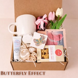Butterfly Effect Self care package gift box for women and butterfly themed spa gifts in kraft gift box perfect hug in a box and thinking of you gift basket for her
