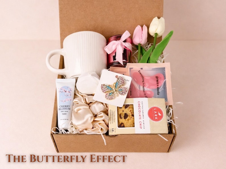 Butterfly Effect Self care package gift box for women and butterfly themed spa gifts in kraft gift box perfect hug in a box and thinking of you gift basket for her