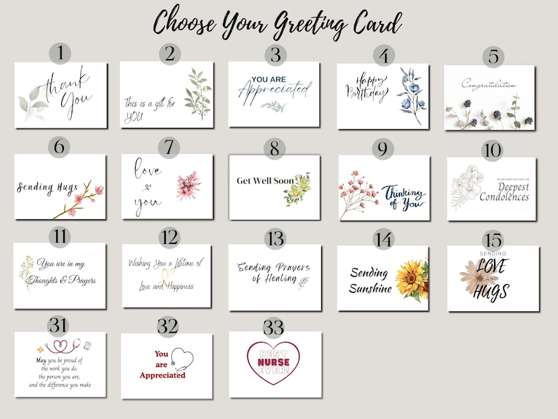 May include: A grid of 15 greeting cards with various designs and messages. The cards feature watercolor illustrations of flowers, hearts, and other designs. The messages include "Thank You", "Get Well Soon", "Thinking of You", "Deepest Condolences", "Sending Love and Hugs", and more.