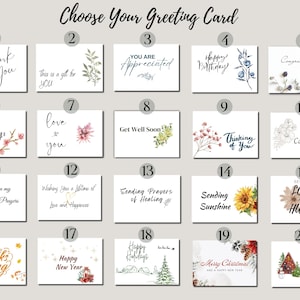 Peut inclure: Un collage de 20 cartes de v&oelig;ux diff&eacute;rentes avec divers motifs et messages. Les cartes pr&eacute;sentent des illustrations &agrave; l'aquarelle de fleurs, d'animaux et d'autres &eacute;l&eacute;ments d'inspiration naturelle. Certains des messages incluent "Merci", "Joyeux anniversaire", "Bon r&eacute;tablissement", "Je pense &agrave; toi" et "Sinc&egrave;res condol&eacute;ances".