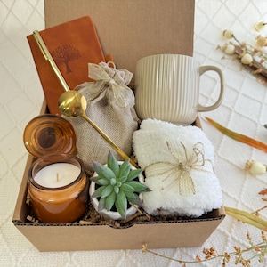 Peut inclure: Une bo&icirc;te-cadeau en carton marron remplie d'une vari&eacute;t&eacute; d'articles, dont un journal en cuir marron, une cuill&egrave;re en or, un petit sac en toile de jute, une tasse en c&eacute;ramique blanche, une serviette blanche, une petite plante succulente en pot et une bougie en verre marron.