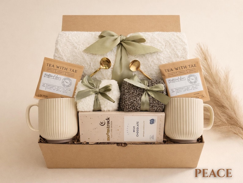 Peace gift box with pastel tones, blanket and candle in a kraft box, a thoughtful realtor closing gift for homeowners