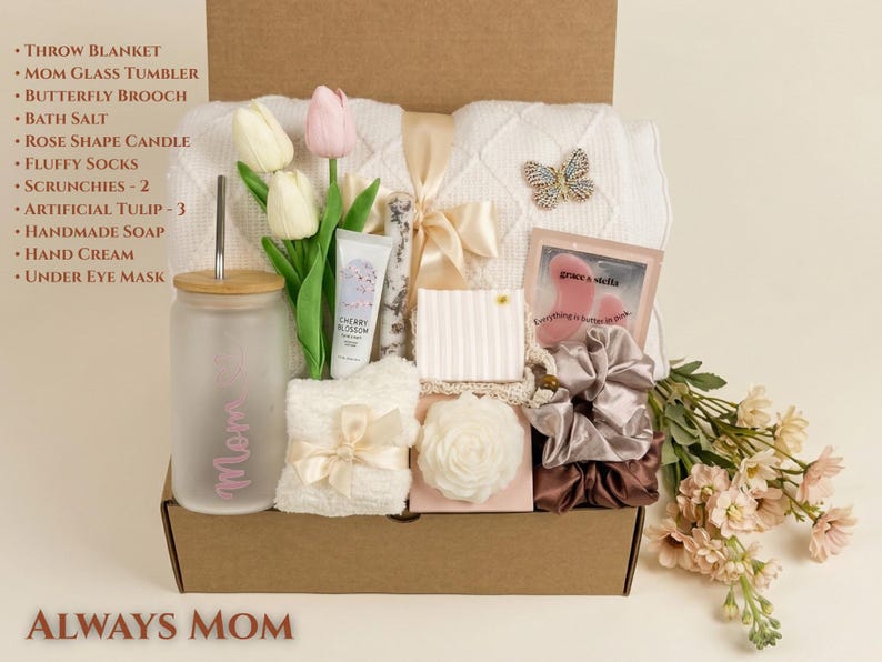 New Mom Gift Basket with "Always Mom" theme, featuring a soft blanket, scented candle, and spa essentials for post-partum care.