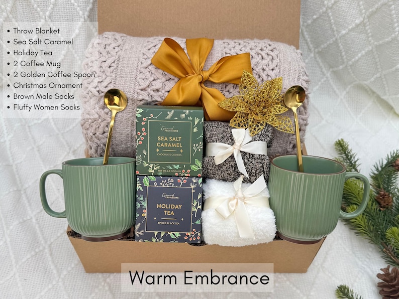 Elegant red ribbon Christmas packaging with greeting card and festive wrapping