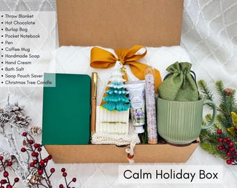 Christmas, Holiday Cozy Self Care Gift Box, Coworker Gift with Throw Blanket