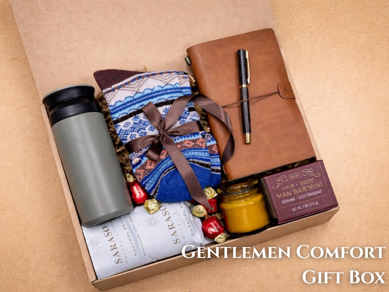 Get well soon gift box for men with a cozy tumbler and a leather journal.