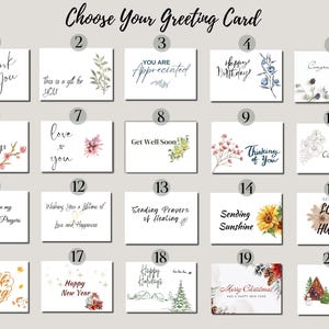 May include: A collage of 20 different greeting cards with various designs and messages. The cards feature watercolor illustrations of flowers, animals, and other nature-inspired elements. The messages include "Thank You", "Love You", "Happy Birthday", "Get Well Soon", "Thinking of You", "Deepest Condolences", "Sending Hugs", "Sending Sunshine", "Happy Holidays", "Merry Christmas", and more.