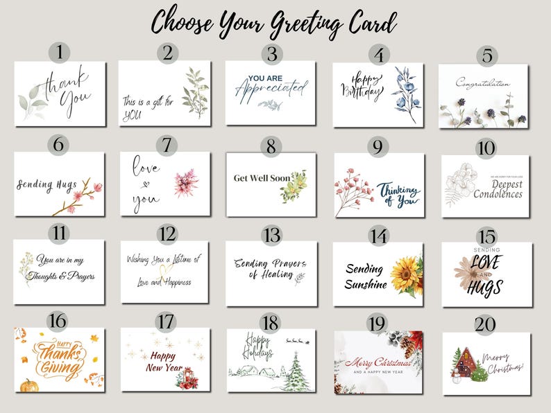 May include: A collage of 20 different greeting cards with various designs and messages. The cards feature watercolor illustrations of flowers, animals, and other nature-inspired elements. The messages include "Thank You", "Love You", "Happy Birthday", "Get Well Soon", "Thinking of You", "Deepest Condolences", "Sending Hugs", "Sending Sunshine", "Happy Holidays", "Merry Christmas", and more.