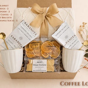 Coffee Lover gift box with coffee mug, spoon, gourmet coffee and treats in a kraft box, perfect for a cozy new home moment