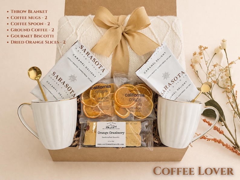 Coffee Lover gift box with coffee mug, spoon, gourmet coffee and treats in a kraft box, perfect for a cozy new home moment