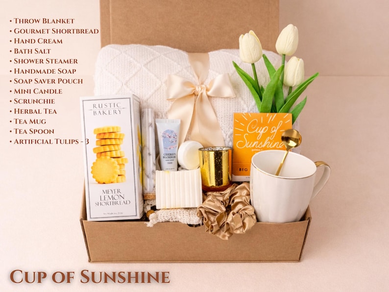 Bright and Cheerful "Cup of Sunshine" Gift Box with yellow-themed spa items, a stylish mug, and artisan snacks for her birthday.