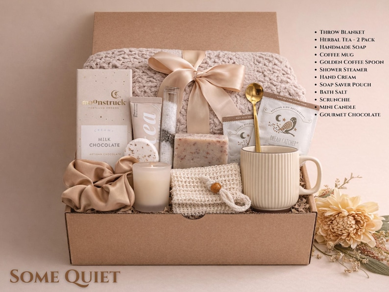 Minimalist "Some Quiet" Care Package featuring neutral-toned relaxation essentials and a calming aromatherapy set.