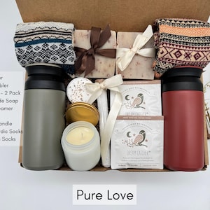 Pure Love gift box with tumbler, gourmet tea and treats in a kraft box, a cozy thank you gift for tea loving homeowners